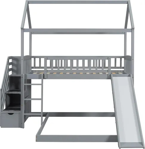 Miniatura 5 de Actual Literas de casa con tobogán, litera de madera maciza individual sobre cama individual con escaleras, techo, barandillas, cama alta de madera
