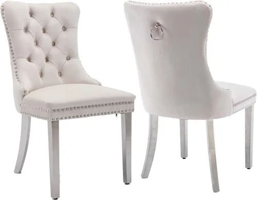 Miniatura 78 de Shenyon Juego de 2 Sillas de Comedor de Terciopelo Gris, Sillas de Comedor Tapizadas con Ribete de Anilla Trasera y Patas de Madera Maciza, Sillas