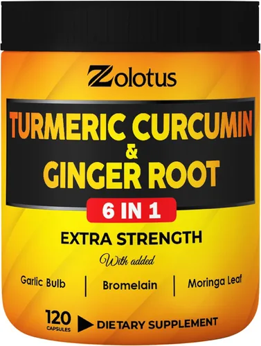 Cápsulas de curcumina de cúrcuma y jengibre 6 en 1, 95% curcuminoides con jengibre, bulbo de ajo, bromelina, moringa, pimienta negra, 120 cápsulas