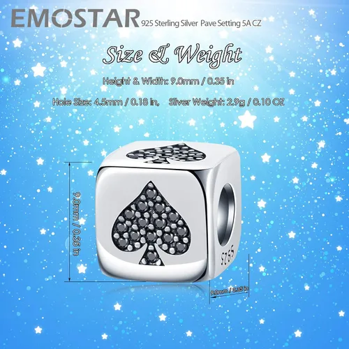Miniatura 2 de EMOSTAR Abalorios de número 0-9 en forma de dados y cuentas de póquer, 4 trajes de cuentas, plata de ley 925 con circonita cúbica, se adapta a