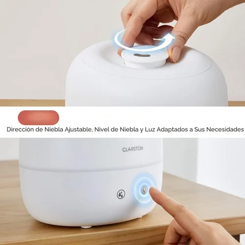 Miniatura 7 de Clarston Humidificador de niebla fría de 2 L para dormitorio con boquilla ajustable de 360°, niveles de niebla altos y bajos, ultra silencioso