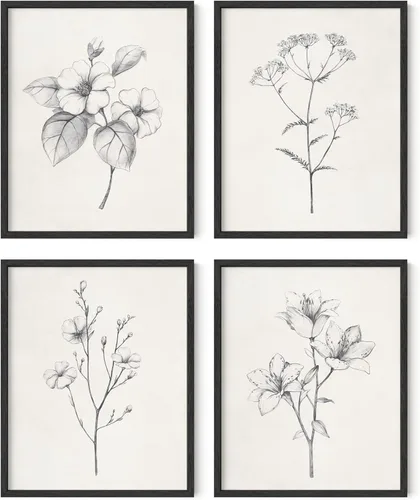 Miniatura 38 de HAUS AND HUES Arte de pared floral gris, juego de 4 pósteres de plantas para pared vintage, impresiones botánicas, cuadros de flores en blanco