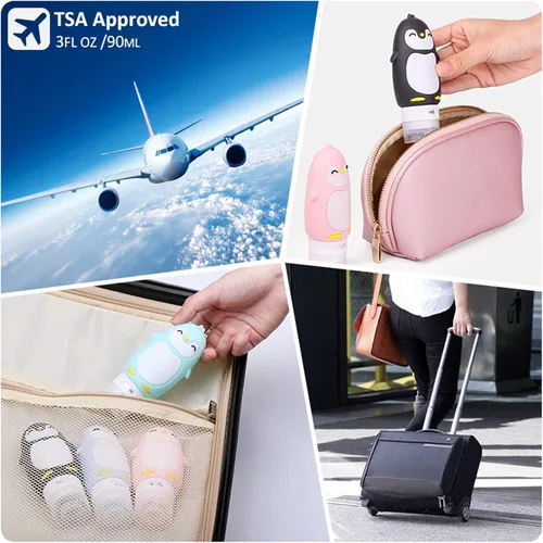 Miniatura 7 de Juego de botellas de viaje para líquidos, aprobados por la TSA a prueba de fugas, recipientes de viaje cosméticos de silicona, para champú, Pingüino