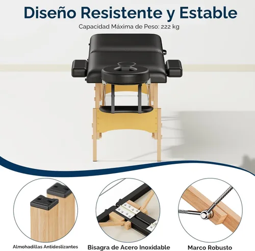 Miniatura 4 de Brelley Mesa de masaje portátil de madera para pestañas, altura ajustable, mesa de spa de 2 pliegues, cama plegable para tatuajes (negro)