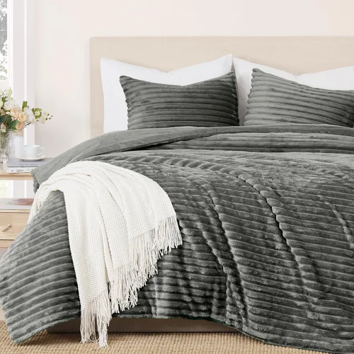 Geniospin juego de edredón de felpa tamaño queen, juegos de ropa de cama suave y esponjosa tamaño queen, juego de edredón gris de 3 piezas para