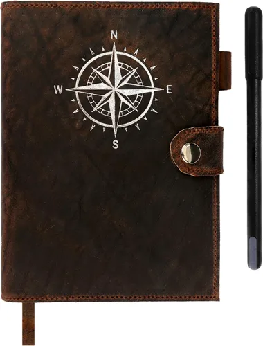 Diario de cuero para hombres y mujeres – Cuaderno de cuero de brújula forrado recargable de alta calidad con bolígrafo, ranura para monedas y