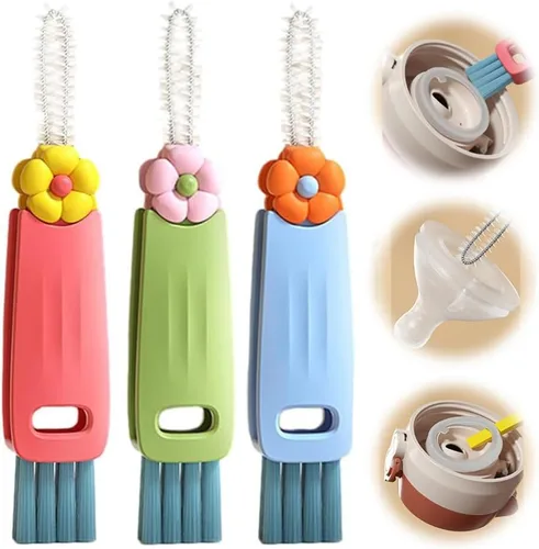 Juego de cepillos de limpieza de tapa de taza 3 en 1, limpiador de hendiduras portátil multifuncional para biberones, espacios reducidos, limpiador