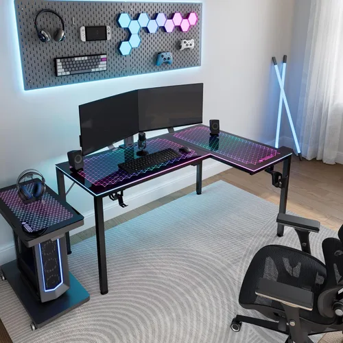 Miniatura 2 de EUREKA ERGONOMIC Escritorio de Juegos en Forma de L Reversible de 60 Pulgadas de Vidrio Negro con Luces LED RGB, Mesa de Computadora para Oficina