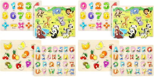 Miniatura 7 de GRINNNIE - Rompecabezas de madera para niños pequeños de 3, 4, 5 años, juego de 4 rompecabezas de aprendizaje educativo Montessori, números, letras
