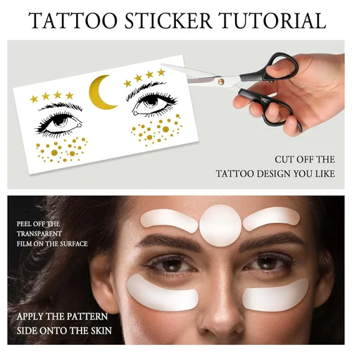 Miniatura 3 de 1 hoja de tatuajes faciales temporales metálicos dorados, luna celestial, estrella, pecas sintéticas, calcomanías de maquillaje, impermeables