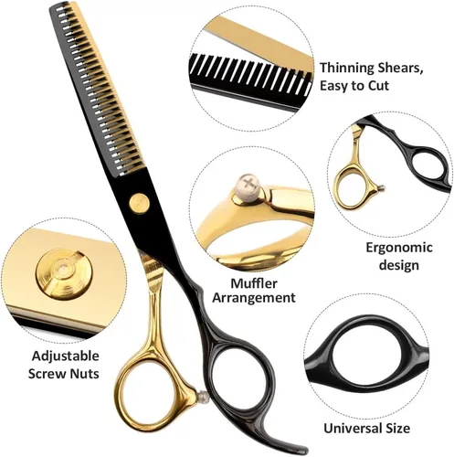 Miniatura 4 de Tijeras profesionales de peluquería de oro negro juegos de corte de pelo salón tijeras rectas multifuncionales Tijeras de dientes Tijeras