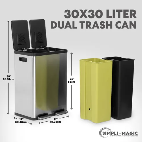 Miniatura 3 de SIMPLI-Magic Cubo de basura con pedal de 16 galones (60L), cubo de basura de cocina de doble compartimento con contenedores de basura y reciclaje