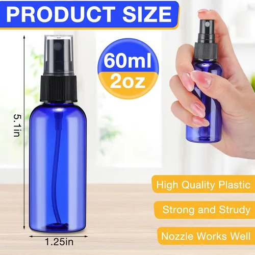Miniatura 2 de Zhehao 200 botellas pequeñas de spray a granel de 2 onzas de plástico para aceites esenciales, pulverizador de niebla fina, reutilizable, Azul