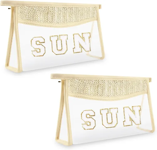 Miniatura 22 de Iqimott 2 bolsas de maquillaje con parches transparentes, bolsa de letras boho para nadar en la playa, bolsas de maquillaje impermeables