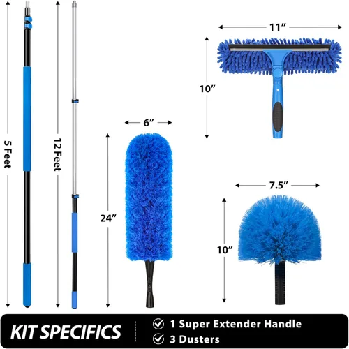 Miniatura 2 de Kit de plumero de alto alcance de 20 pies con poste de extensión de 5 a 12 pies, plumero de telaraña con poste telescópico, escobilla de ventana