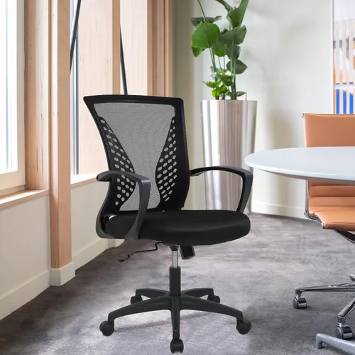 Miniatura 2 de Silla de oficina FDW para el hogar, con respaldo de altura media, para computadora, con soporte lumbar giratorio, ajustable, para trabajo, Negro