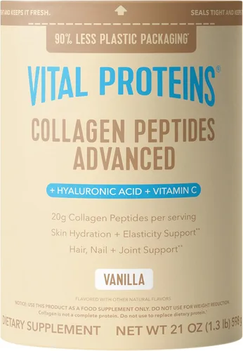 Vital Proteins Péptidos de colágeno avanzados, péptidos hidrolizados con ácido hialurónico y vitamina C - Polvo sabor vainilla, 21 onzas
