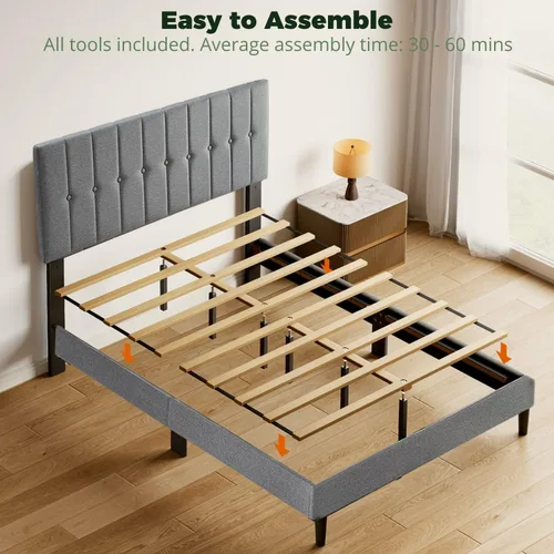 Miniatura 6 de Base de cama matrimonial con cabecera de tela tapizada, fácil montaje, soporte de listones de madera, cabecera ajustable, no necesita somier, sin
