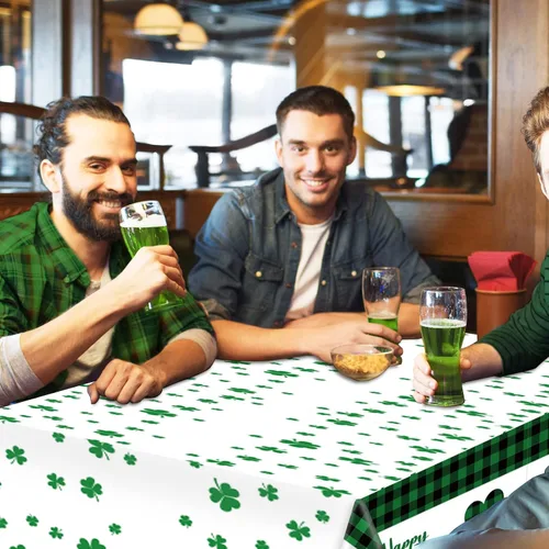 Miniatura 5 de Whaline 3 manteles desechables para el día de San Patricio, color verde y negro, a cuadros, trébol, trébol, rectangular, de plástico, mantel