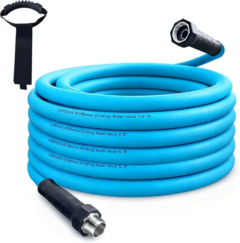 Cupohus Manguera de agua para autocaravana de 50 pies con extremos de alivio de tensión, manguera de agua potable resistente a las torceduras, Azul