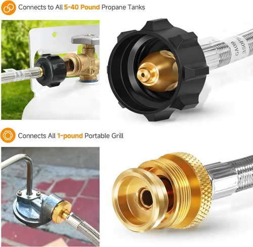 Miniatura 4 de GasSaf Manguera de propano de 5 pies, adaptador de propano conectado de 1 libra a 20 libras, manguera trenzada de acero inoxidable para calentadores