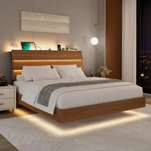 Miniatura 10 de Feonase Base de cama flotante tamaño Queen con luces LED y estación de carga, base de cama de madera tamaño Queen con cabecero de almacenamiento