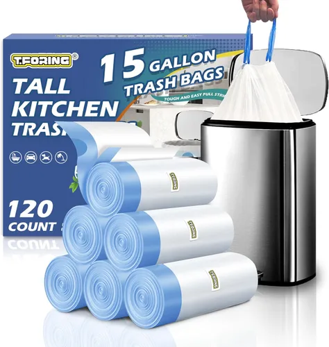Miniatura 11 de Bolsas de basura de 6 galones con cordón de 1.1 mil, 120 bolsas de basura medianas, 22.5 litros de plástico fuerte sin perfume, bolsas gruesas