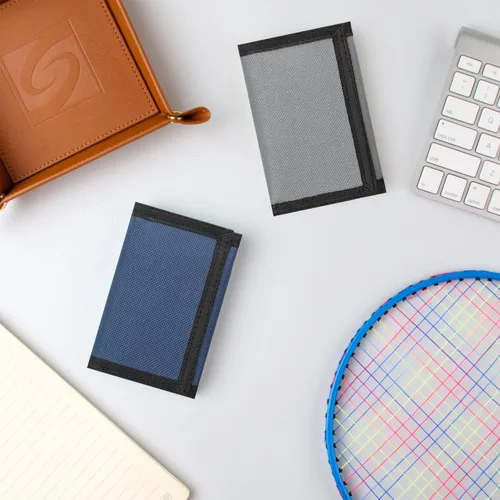 Miniatura 6 de Cartera de lona triple RFID para deportes al aire libre para hombres, lindo monedero con cremallera y bolsillo frontal para niños, camuflaje, Gris