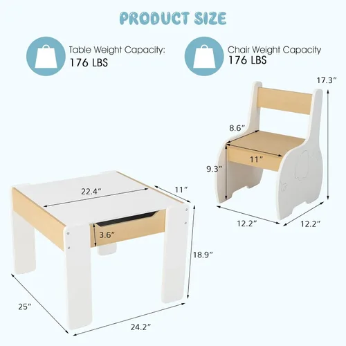 Miniatura 7 de INFANS Juego de mesa y silla para niños 3 en 1, mesa multiactividad de madera con almacenamiento removible en la parte superior, pizarra desmontable