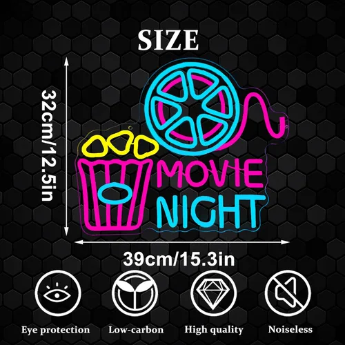 Miniatura 5 de Letrero de neón para decoración de pared con caja de papel de palomitas de cine, luz LED de neón para cine en casa, decoración de cine en casa