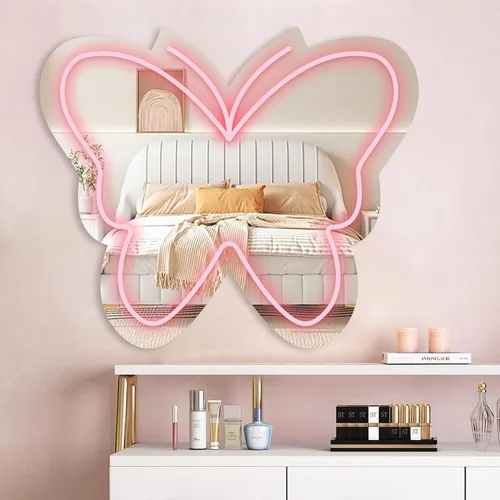 Espejo de mariposa de anime con luces de letreros de neón para vestuario, sala de estar, dormitorio de niña, bonito espejo acrílico con atenuación