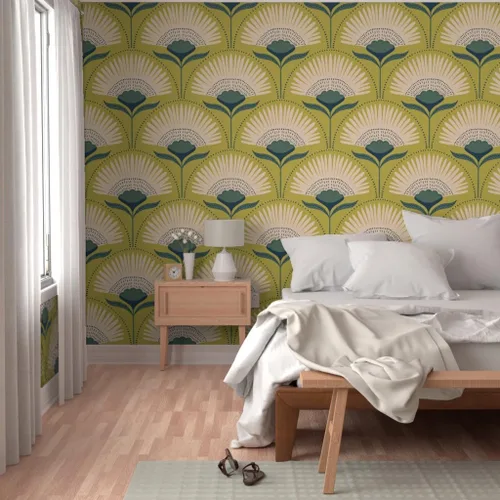Miniatura 5 de Muestras de papel tapiz para despegar y pegar, diseño Art Deco de flores verdes, geométrico, divertido, jumbo, papel tapiz extraíble personalizado