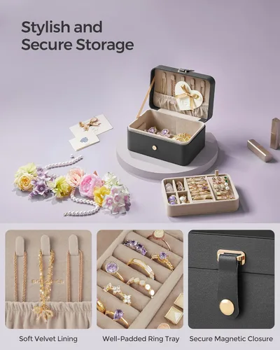 Miniatura 62 de SONGMICS Caja organizadora de joyas, estuche de viaje de 2 capas para aretes, collares, pulseras, almacenamiento portátil de joyas con gran Verde