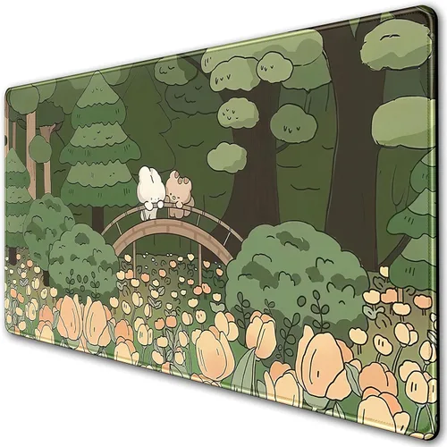 Tapete de escritorio de bosque anime, lindo tapete de mouse verde, tapete de escritorio completo Kawaii estético XXL para juegos Mousemat XL,