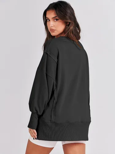 Miniatura 5 de ANRABESS Sudadera de gran tamaño para mujer, cuello redondo, manga larga, casual, con abertura, sin botones, ropa de otoño