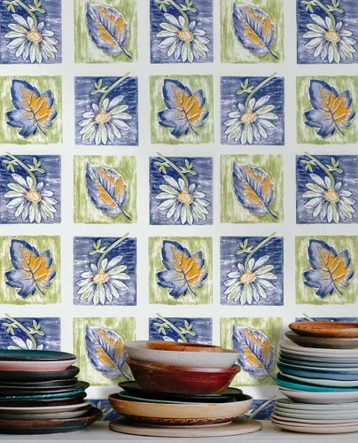 Miniatura 2 de 8083 - Papel tapiz de hojas florales para despegar y pegar, 17.7 pulgadas x 9.8 pies, mosaico, enrejado, margarita, flores, papel de contacto