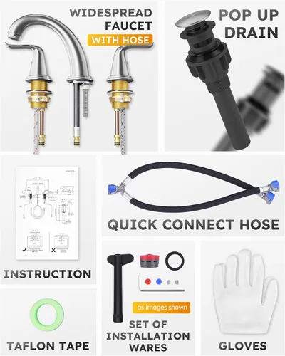 Miniatura 8 de WOWOW Grifo de baño de latón sólido de 2 asas con 3 agujeros, grifo de lavabo de acero inoxidable para tocador, grifo de lavabo de baño de níquel