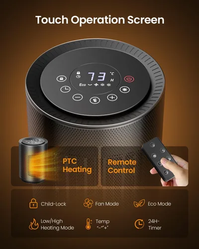 Miniatura 5 de Electactic Calentador de espacio para uso en interiores, calentador eléctrico portátil con control remoto, termostato, bloqueo para niños, pantalla