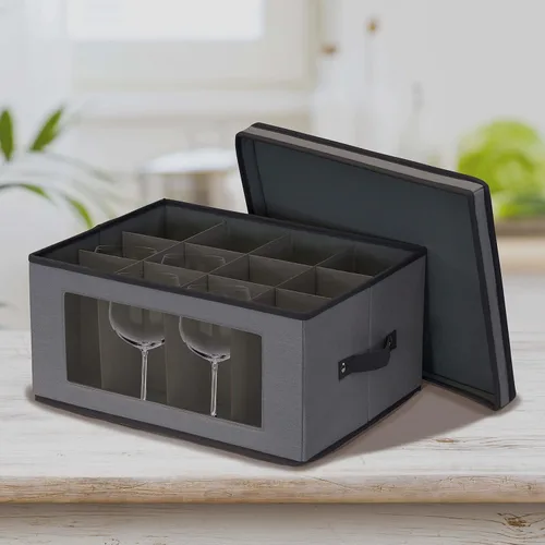 Miniatura 2 de Household Essentials Caja de almacenamiento para copas de vino tipo globo, estructura resistente y asas, panel con ventana, tapa completamente