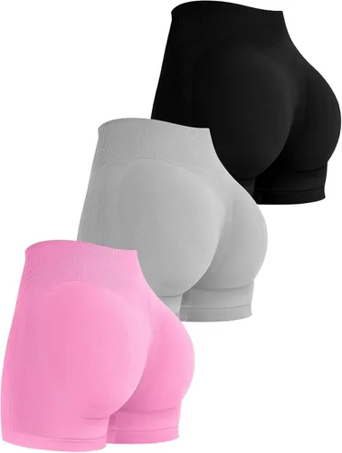 Miniatura 35 de VVX Pantalones cortos de entrenamiento para mujer, 3 piezas, con levantamiento de glúteos, sin costuras, cintura alta, pantalones cortos de yoga