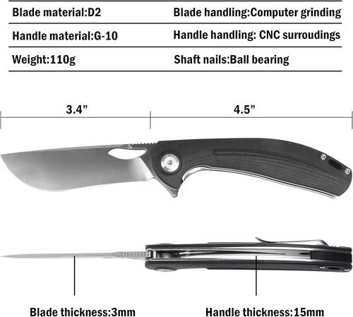 Miniatura 3 de RPG Mini cuchillo de bolsillo plegable, cuchillo de supervivencia de hoja de acero D2 de 3.5 pulgadas con mango G10 y clip de bolsillo, cuchillo EDC