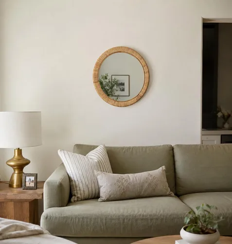 Rutledge & King Espejo de pared de ratán – Decoración de pared de espejo – Espejos decorativos – Decoración de ratán Boho – Espejos circulares para
