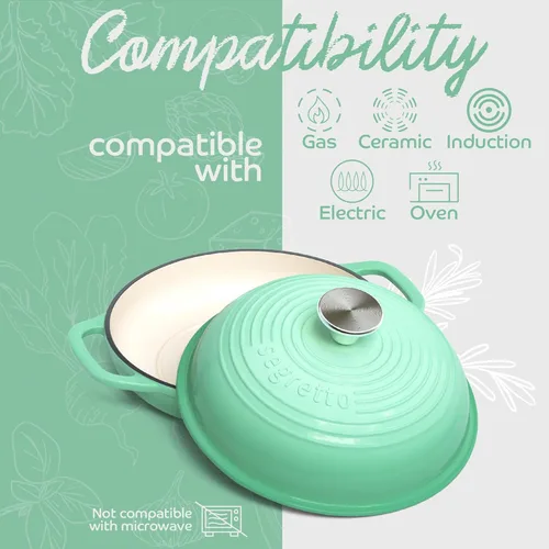 Miniatura 6 de Sartén de hierro fundido esmaltado con tapa, horno de pan verde de 11 pulgadas, molde para hornear masa madre de hierro fundido, horno holandés