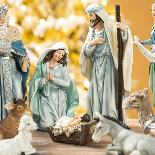 Miniatura 7 de Glitzhome Juego de 12 figuras de pesebre para Navidad en interiores, juego de belén cristiano de resina azul de lujo, adornos de mesa en miniatura
