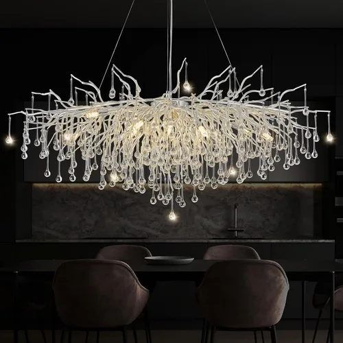 Miniatura 15 de Candelabro de cristal negro de 23.6 pulgadas, moderno colgante de techo de flores, iluminación colgante de rama de árbol, gota de lluvia, lámpara