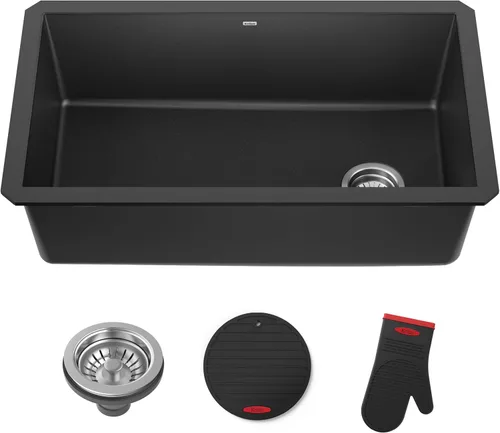 Miniatura 20 de Kraus Forteza - Fregadero de cocina de doble seno 50/50 de granito de instalación empotrada/sobre encimera, 33 pulgadas, color negro (KGD-52BLACK)