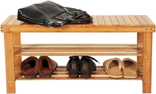 Miniatura 4 de Zapatero de bambú de 3 niveles, organizador de zapatos, banco de entrada, banco de almacenamiento de zapatos de 35.4 pulgadas de largo con estantes
