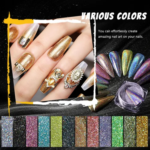 Miniatura 5 de 12 Frascos de Polvo Holográfico para Uñas, Kit de Polvo Cromado para Uñas Negro Azul Conjunto de Polvo de Purpurina Ultra Fino, Pigmento Neón