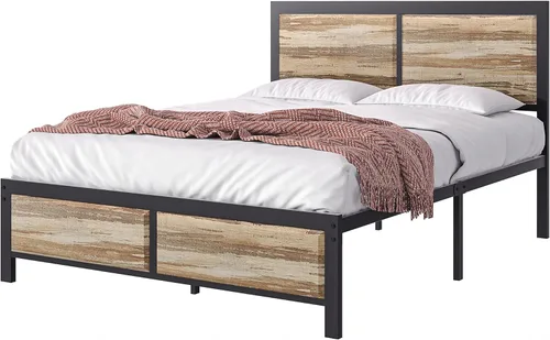 Miniatura 7 de VECELO Marco de cama individual, camas de plataforma de metal con cabecera de madera rústica grande, soporte de listones de metal, sin ruidos/fácil