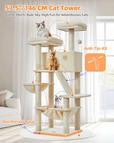 Miniatura 3 de Taoqimiao Árbol para gatos de 57.5 pulgadas, torre para gatos de interior para adultos, condominio extragrande para gatos, 8 postes rascadores